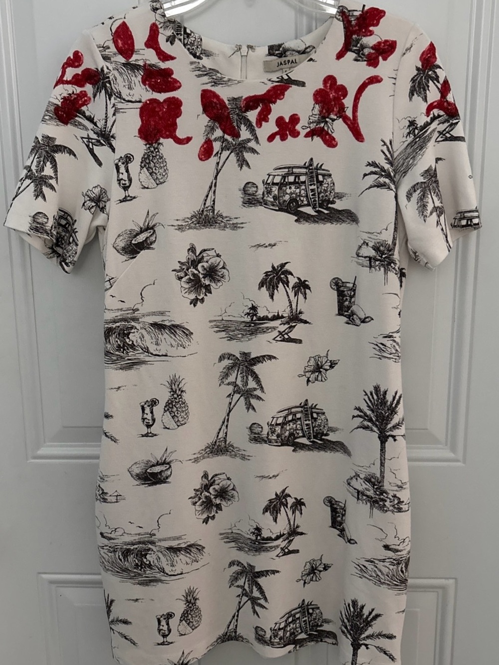 JASPAL Women’s Cream Tropical Print Dress with Red Sequins